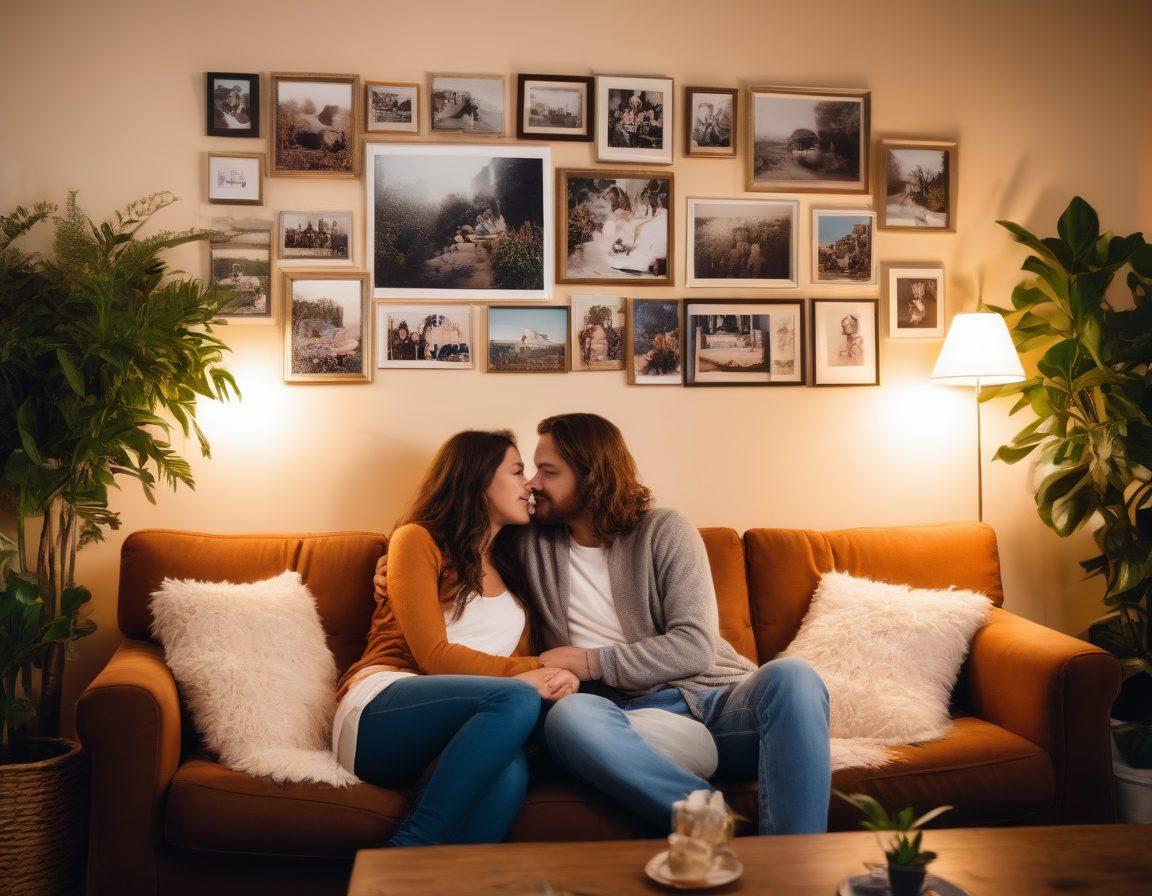 A warm and inviting scene featuring a couple sitting on a cozy couch, surrounded by soft lighting and plants, sharing a heartfelt conversation. In the background, a wall adorned with photos of shared memories, showcasing their journey together. The atmosphere should evoke intimacy, connection, and love. soft focus. vibrant colors. cozy ambiance.