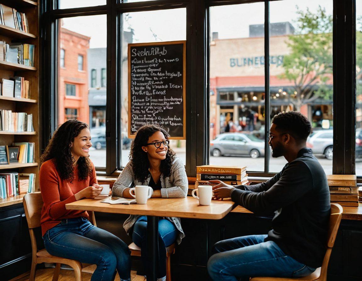 A cozy coffee shop scene with two diverse individuals engaged in deep conversation, surrounded by books on relationship building and friendship. Soft natural light filtering through large windows, warm colors creating an inviting atmosphere. A chalkboard menu featuring heartwarming quotes about partnerships in the background. super-realistic. vibrant colors. soft focus.