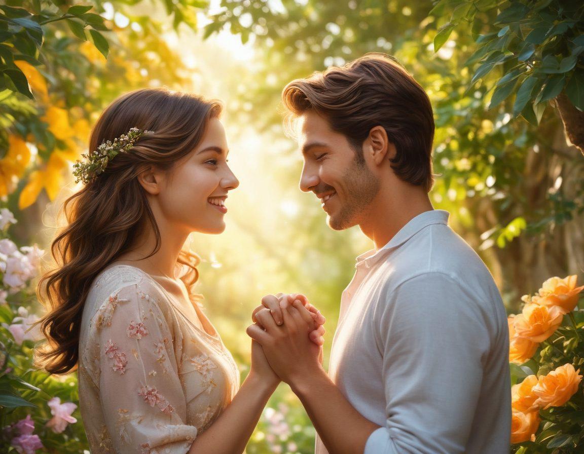 A heartwarming scene depicting two friends transitioning into a romantic relationship, surrounded by a lush garden filled with blooming flowers symbolizing growth. Soft, golden sunlight filtering through the leaves creates a warm atmosphere, while subtle heart shapes form in the background. The scene should evoke feelings of love and connection, capturing their emotional bond through gentle smiles and eye contact. super-realistic. vibrant colors. soft focus.